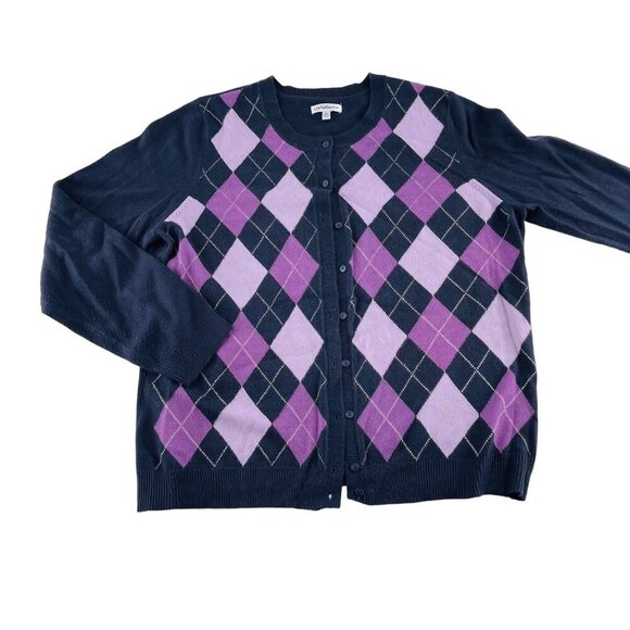 Croft & Barrow Argyle Print Cardigan Sweater XL Cotton & Acrylic Blend Navy Blue - Picture 1 of 6